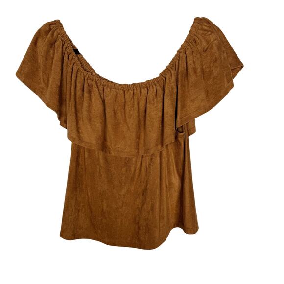 Cupcakes and Cashmere Medium Brown Tan Jennings Faux Suede Off The Shoulder Top - Picture 1 of 12